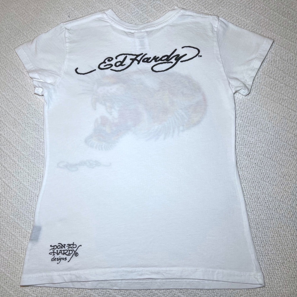 Ed Hardy Christian Audigier Tiger Glitter Graphic Tee White Y2K Women Large - Picture 2 of 6